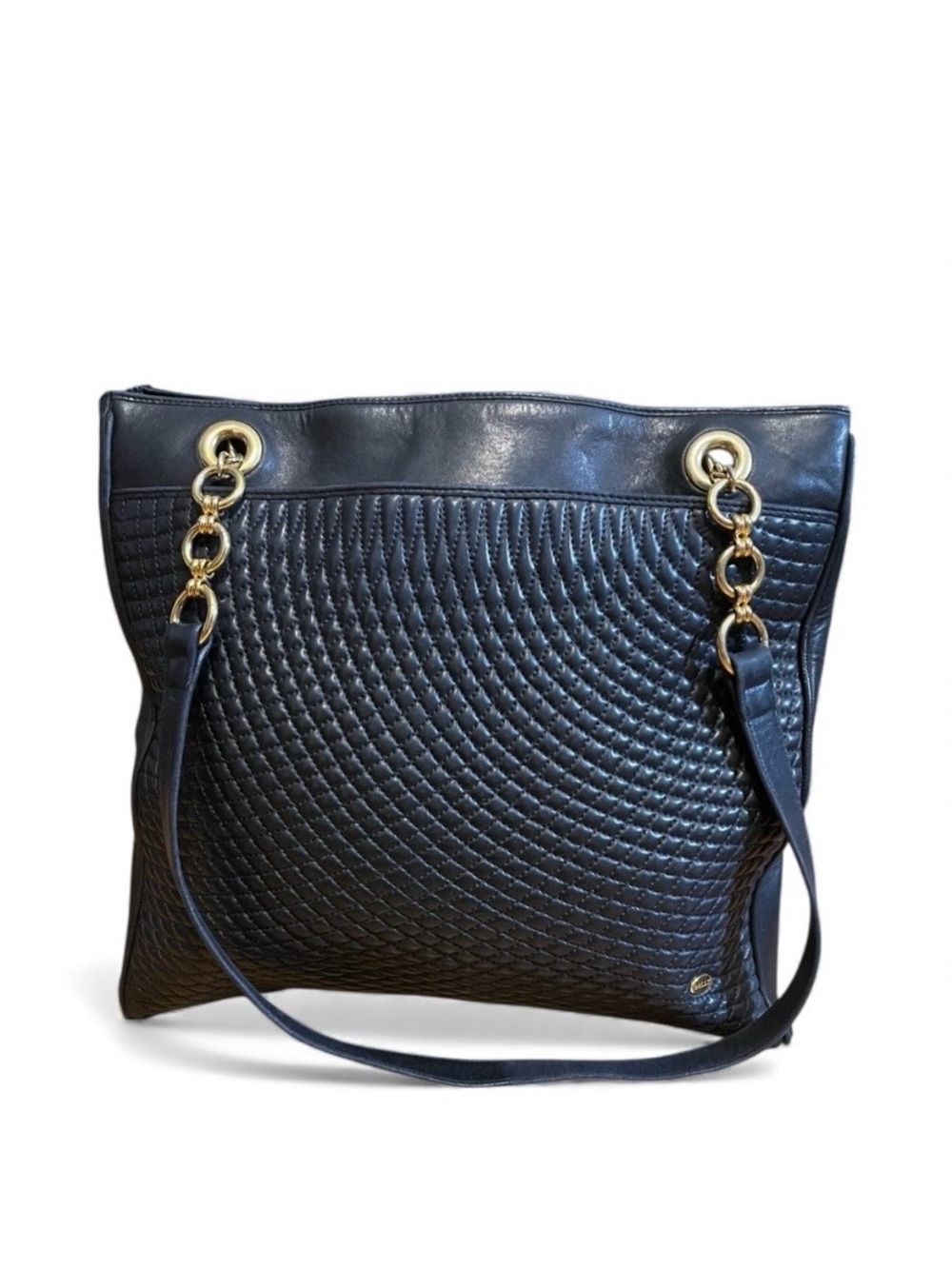 Bally Vintage Quilted Navy Lambskin Tote Bag with Gold Chain Details